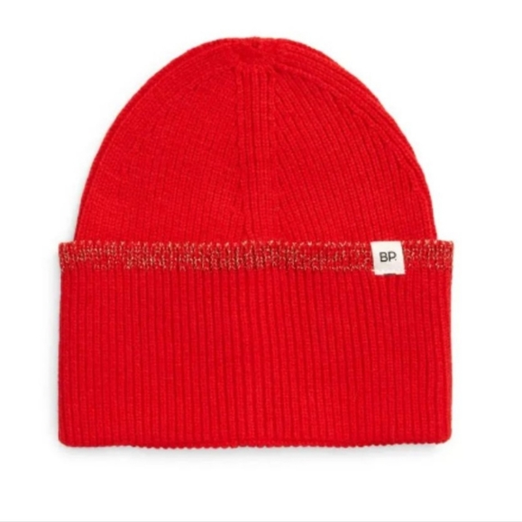 NEW BP Nordstrom Red Gold Ribbed Cuffed Beanie Hat Cap Winter Snow - Picture 2 of 4